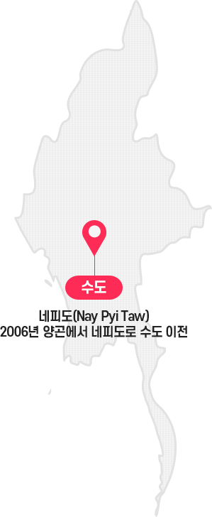 수도 : 네피도(Nay Pyi Taw) 2006년 양곤에서 네피도로 수도 이전